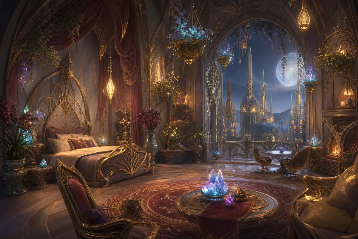 Interior aconchegante de uma casa élfica personalizável, com luz dourada, móveis ornamentados e janela para as torres de Quel'Thalas.
