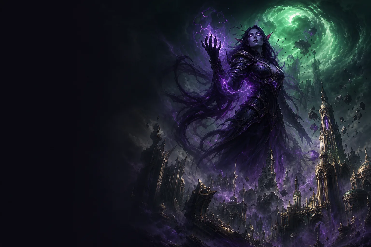 Xal'atath, a Emissária, entidade do Vazio envolta em sombras violeta, pairando sobre ruínas élficas douradas sob uma tempestade de Caos verde.
